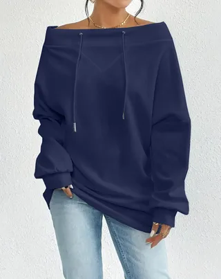 Women's Loose Casual Drawstring Off-the-shoulder Off-shoulder Top - Navy Blue