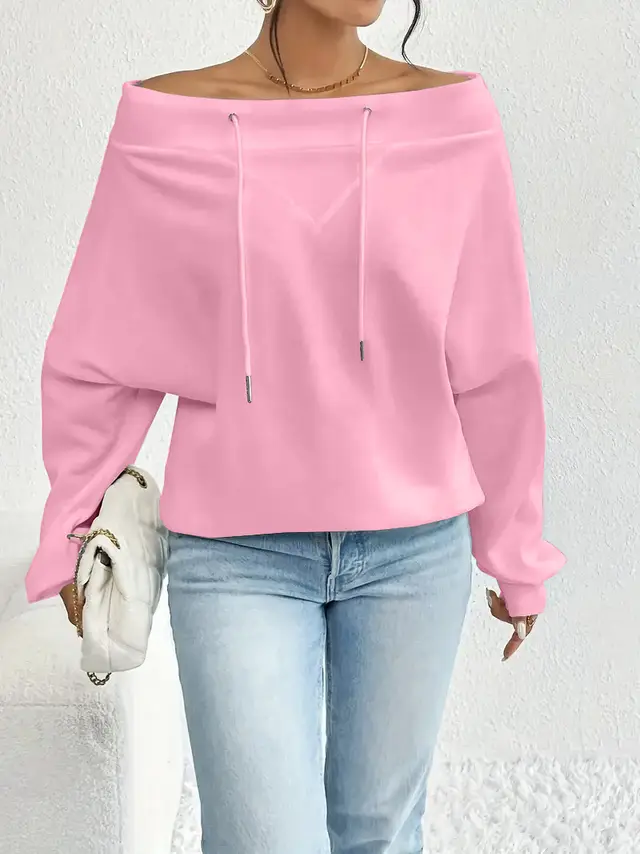 Women's Loose Casual Drawstring Off the shoulder Off shoulder Top Pink - Shop at LoveMi