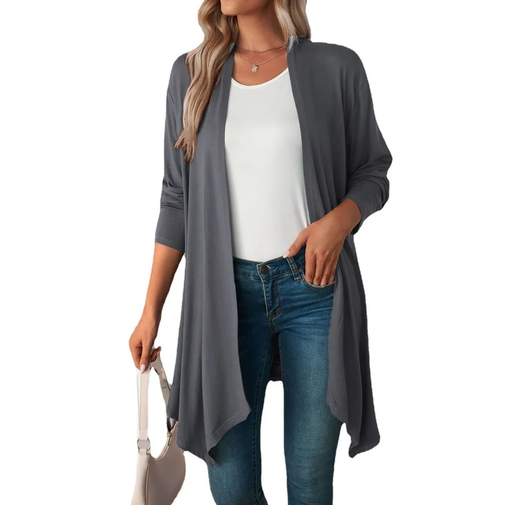 Solid Color Long Sleeve Cardigan Jacket Long Shirt Women - Dark Gray