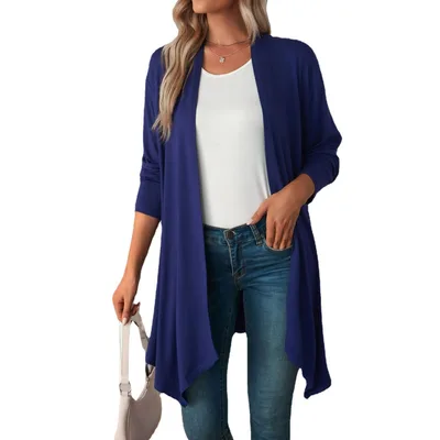 Solid Color Long Sleeve Cardigan Jacket Long Shirt Women Navy - Shop at LoveMi