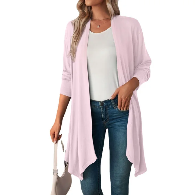 Solid Color Long Sleeve Cardigan Jacket Long Shirt Women Pink - Shop at LoveMi