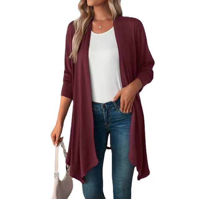 Solid Color Long Sleeve Cardigan Jacket Long Shirt Women Wine Red - Shop at LoveMi