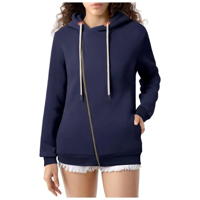 Women's Pocket Hooded Sweater Solid Color Zipper Hooded Sweatshirt Dark Blue - Shop at LoveMi