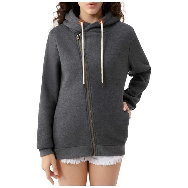 Women's Pocket Hooded Sweater Solid Color Zipper Hooded Sweatshirt Dark Gray - Shop at LoveMi