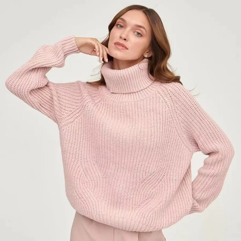 High Neck Thickened Autumn And Winter Sweater Turtleneck Solid Color Casual Mid length Sweater Pink - Shop at LoveMi
