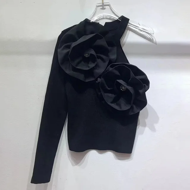 High end Design Stitching Flowers Slim fit Knitted Top Black - Shop at LoveMi