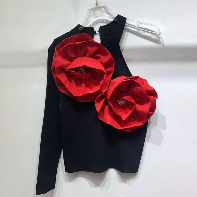 High end Design Stitching Flowers Slim fit Knitted Top Red - Shop at LoveMi
