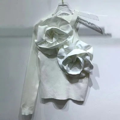 High end Design Stitching Flowers Slim fit Knitted Top White - Shop at LoveMi
