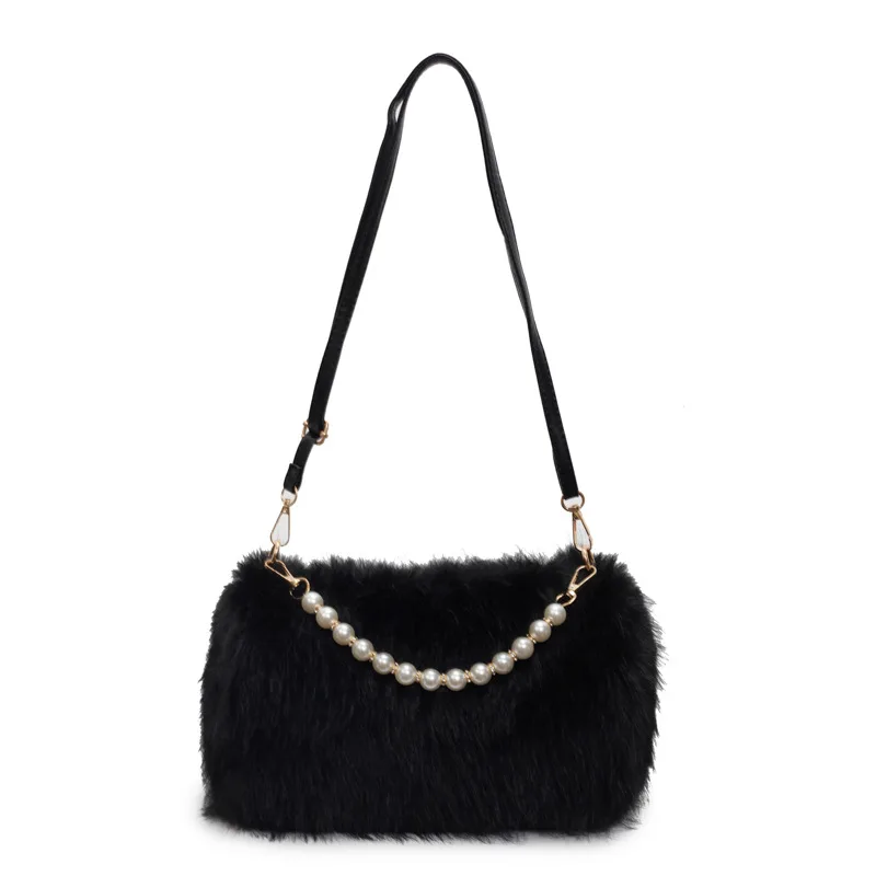 Women's Plush Shoulder Bag, Pearl Chain, Black - Shop at LoveMi
