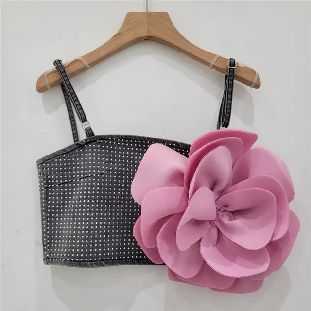 Three dimensional Large Flower Camisole Women's Outer Wear Rhinestone Denim Short Top Black And Pink - Shop at LoveMi