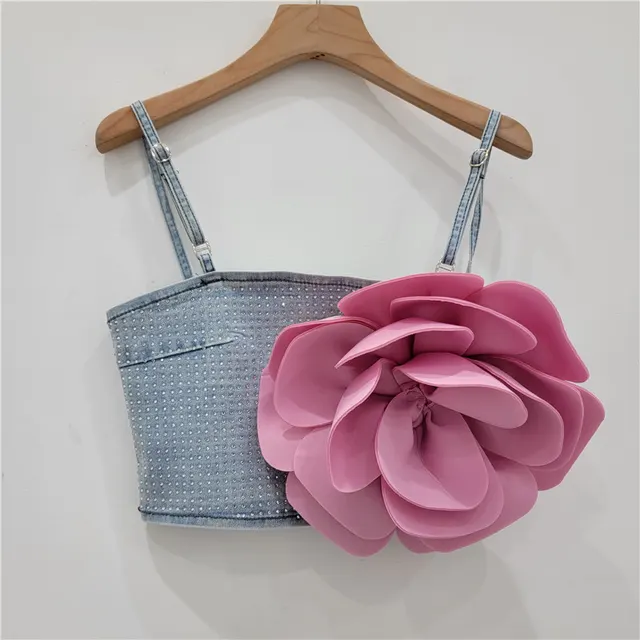 Three dimensional Large Flower Camisole Women's Outer Wear Rhinestone Denim Short Top Blue And Pink Combo - Shop at LoveMi