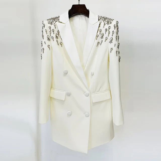 Handmade Gorgeous Heavy Industry Beads Diamond Slim fit Long Blazer White - Shop at LoveMi
