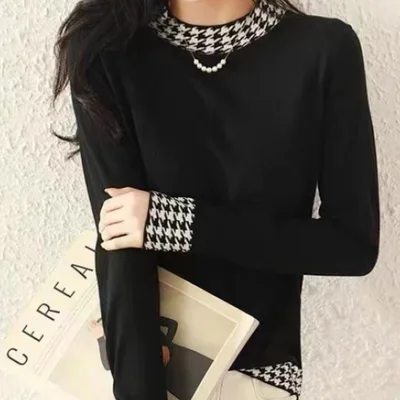 Women's Fashion Houndstooth Stitching Long sleeved Sweater Black - Shop at LoveMi
