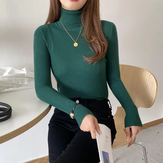Basic All matching Thickened Sweater Turtleneck Dark Green - Shop at LoveMi