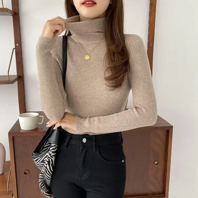 Basic All matching Thickened Sweater Turtleneck Khaki - Shop at LoveMi