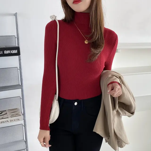 Basic All matching Thickened Sweater Turtleneck Wine Red - Shop at LoveMi