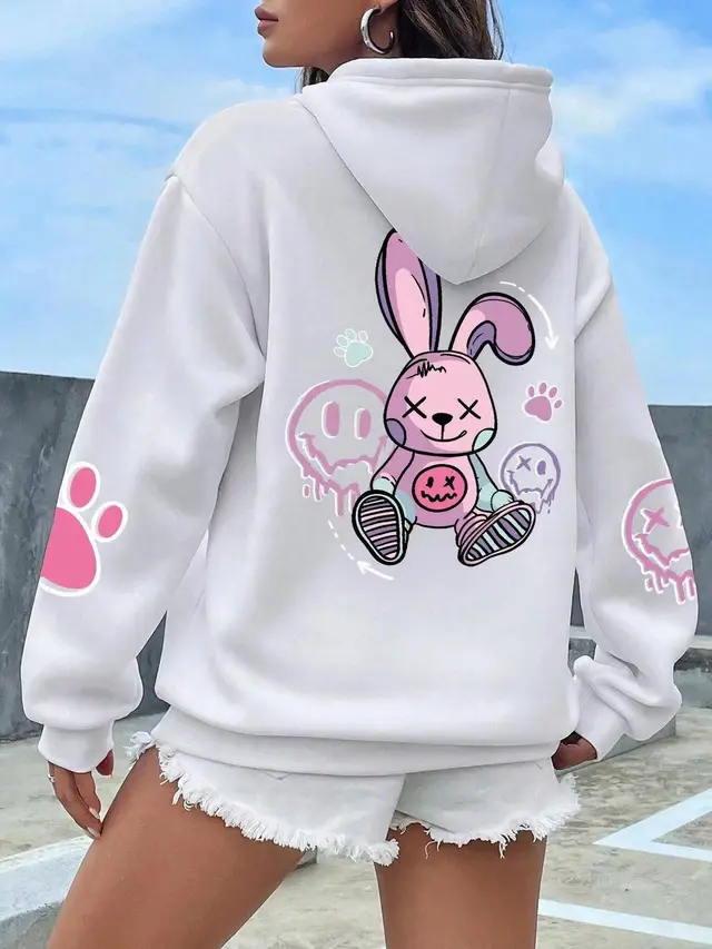 European And American Style Women Drop shoulder Sleeve Printed Hooded Long Sleeve Sweater Simple New Product White - Shop at LoveMi