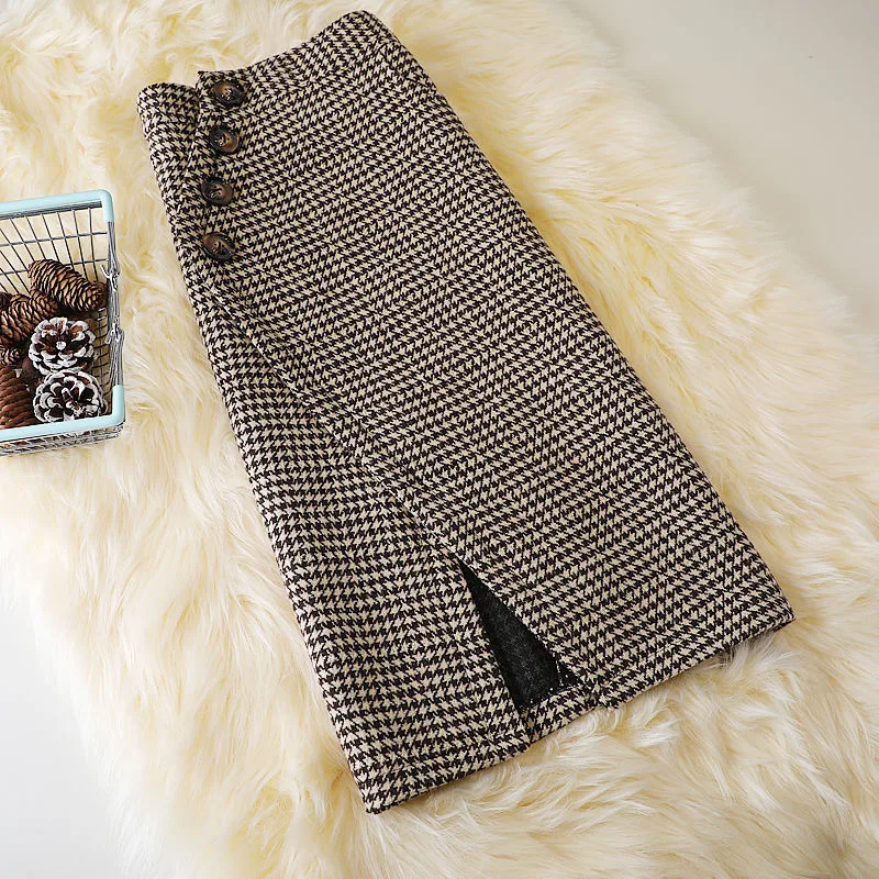 Design Houndstooth Midi Skirt - Coffee Color