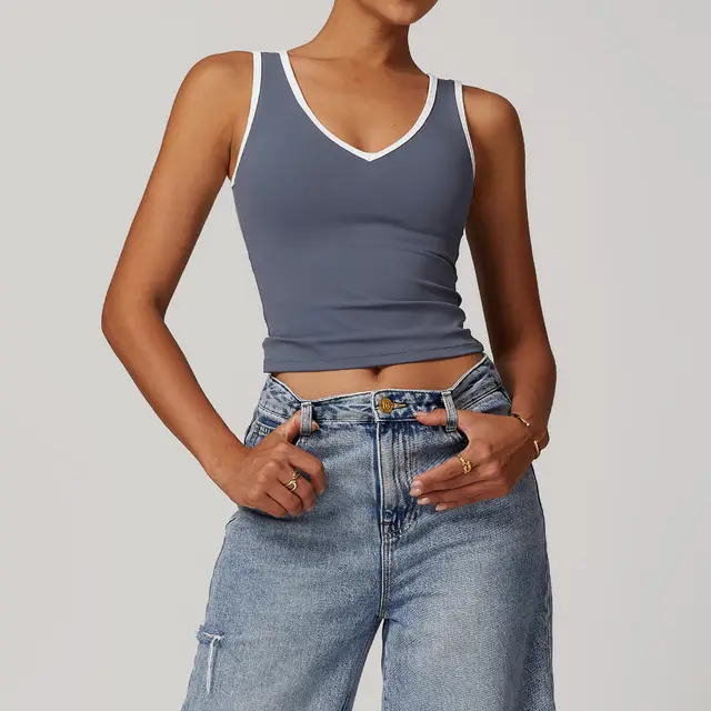 Tight Nude Feel Contrast Color Sports Vest Backless Yoga Jacket Blue Gray - Shop at LoveMi