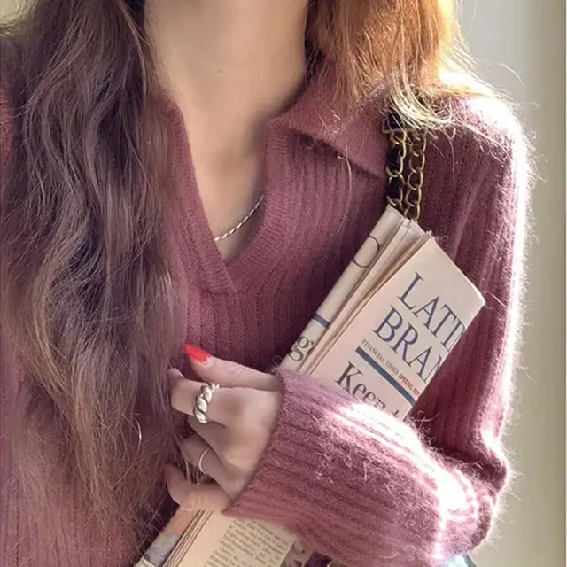 Plus Size Polo Collar Knitwear Retro Soft Glutinous Sweater Bottoming Shirt Plum Color - Shop at LoveMi