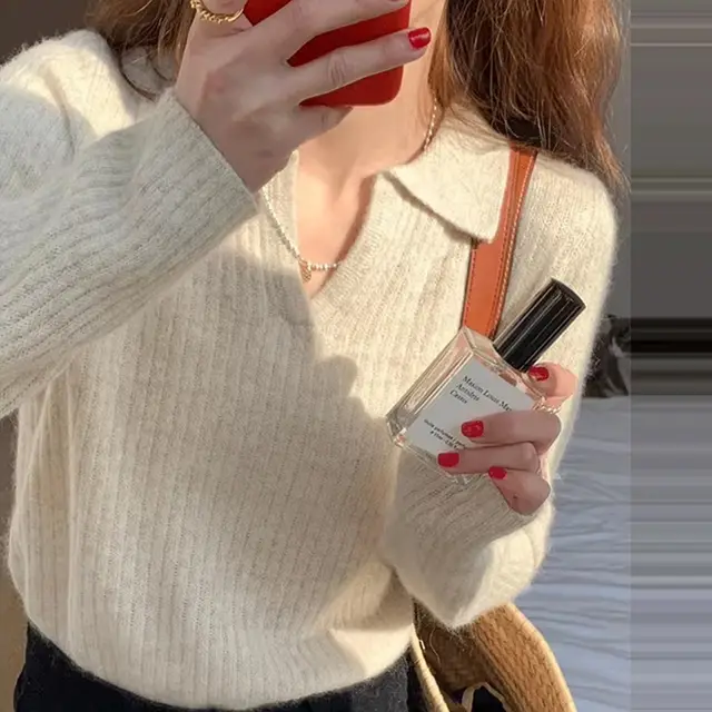 Plus Size Polo Collar Knitwear Retro Soft Glutinous Sweater Bottoming Shirt White Beige - Shop at LoveMi