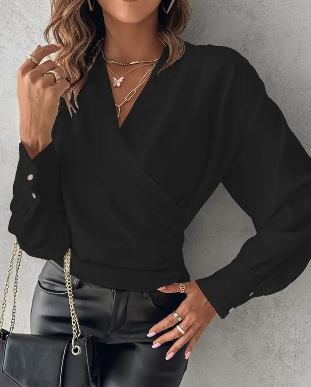 Autumn Long Sleeve V neck Printed Women's Shirt Black - Shop at LoveMi