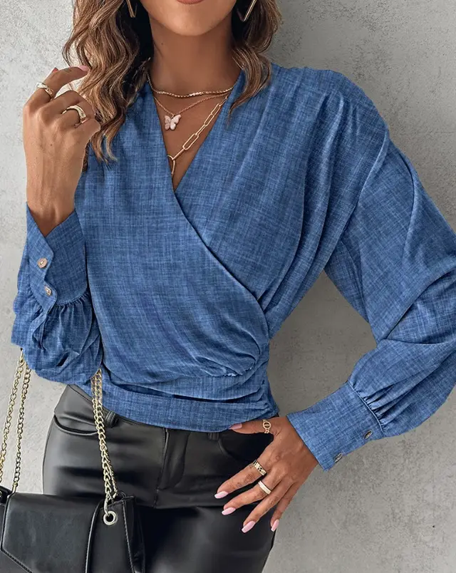 Autumn Long Sleeve V neck Printed Women's Shirt Blue - Shop at LoveMi