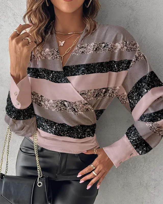 Autumn Long Sleeve V neck Printed Women's Shirt Tricolor Stripes - Shop at LoveMi