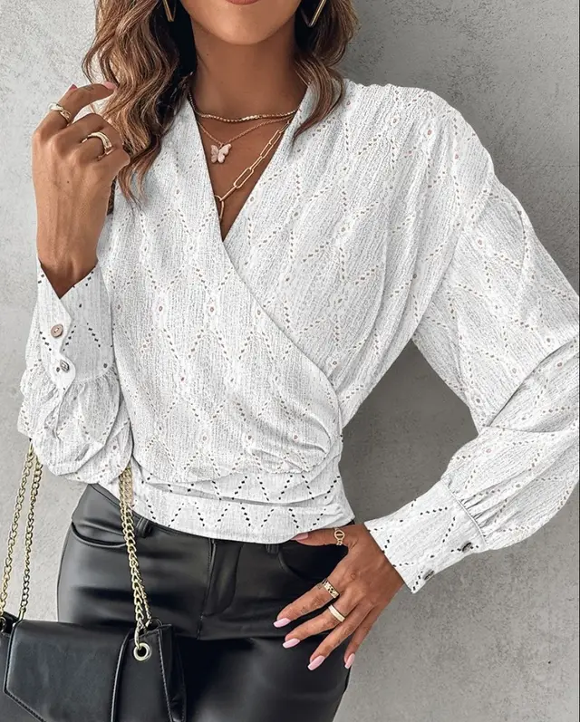 Autumn Long Sleeve V neck Printed Women's Shirt White Hollow Out - Shop at LoveMi