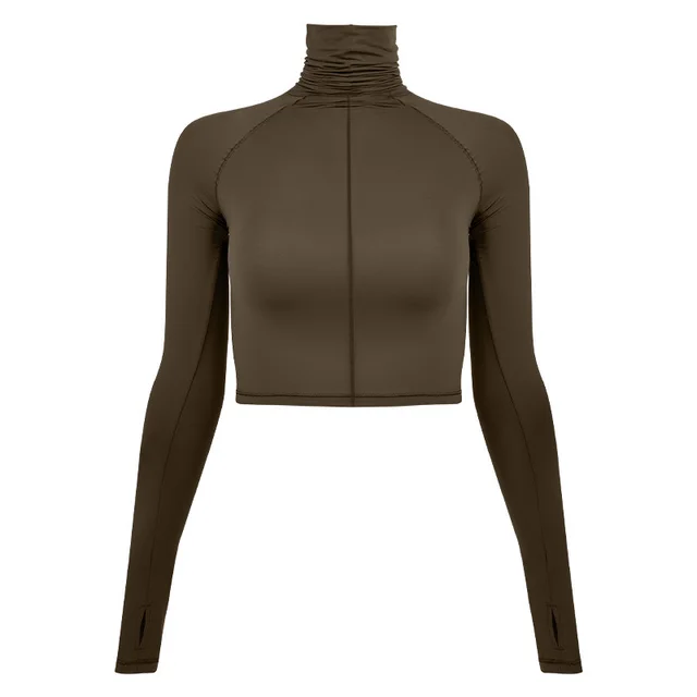 Spandex Lightweight Elastic SKIMS Magic Clothes Sports Turtleneck Long Sleeve Tea Brown - Shop at LoveMi