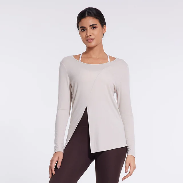 Sports Long Sleeve Yoga Wear Women's Thin Sports Top Light Beige Coffee Color - Shop at LoveMi