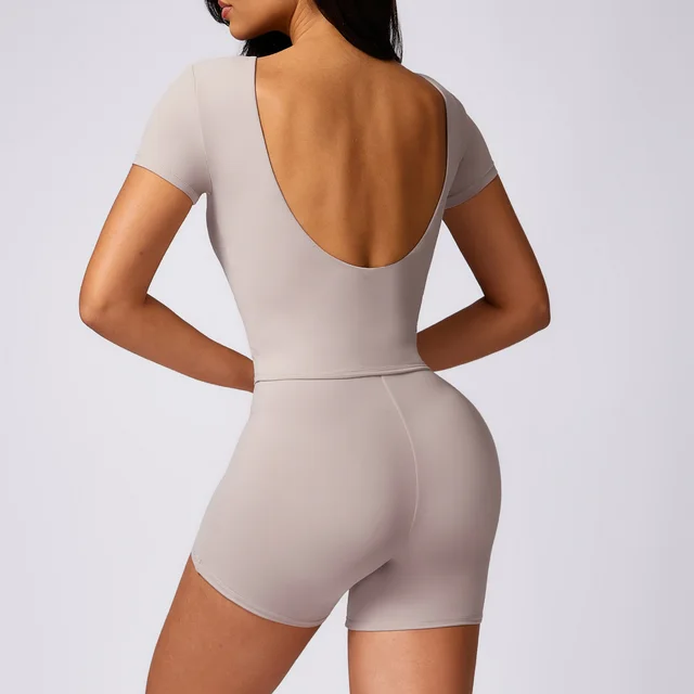 Quick drying Tight Brushed Casual Running Workout Exercise Outfit Women Short Sleeve Suit Linen Gray - Shop at LoveMi