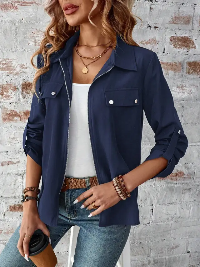 Spring, Autumn And Winter New Lapel Zipper Cardigan Outerwear Dark Blue - Shop at LoveMi