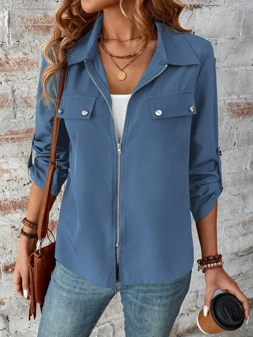 Spring, Autumn And Winter New Lapel Zipper Cardigan Outerwear - Denim Blue