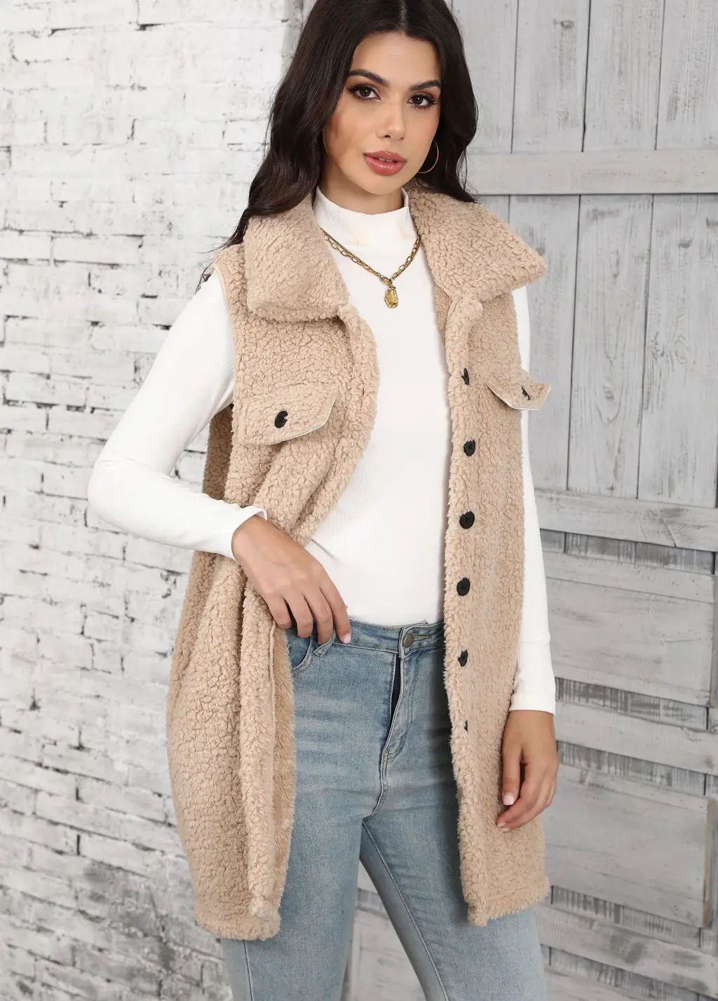 Autumn And Winter New Polo Collar Sleeveless Loose Cardigan Vest - Apricot