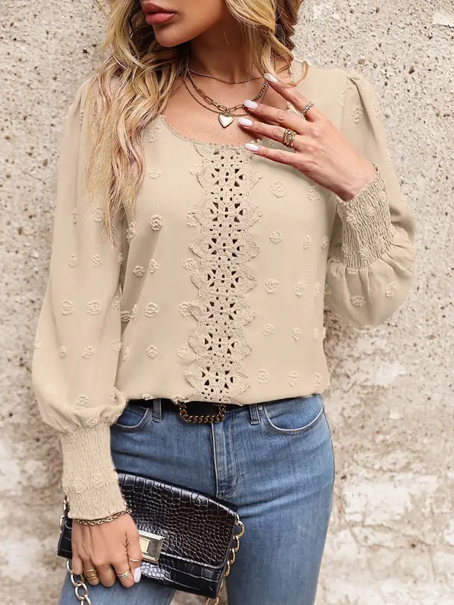Large Polka Dot Lace Patchwork Style Shirt Apricot - Shop at LoveMi