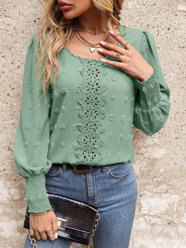 Large Polka Dot Lace Patchwork Style Shirt Light Green - Shop at LoveMi