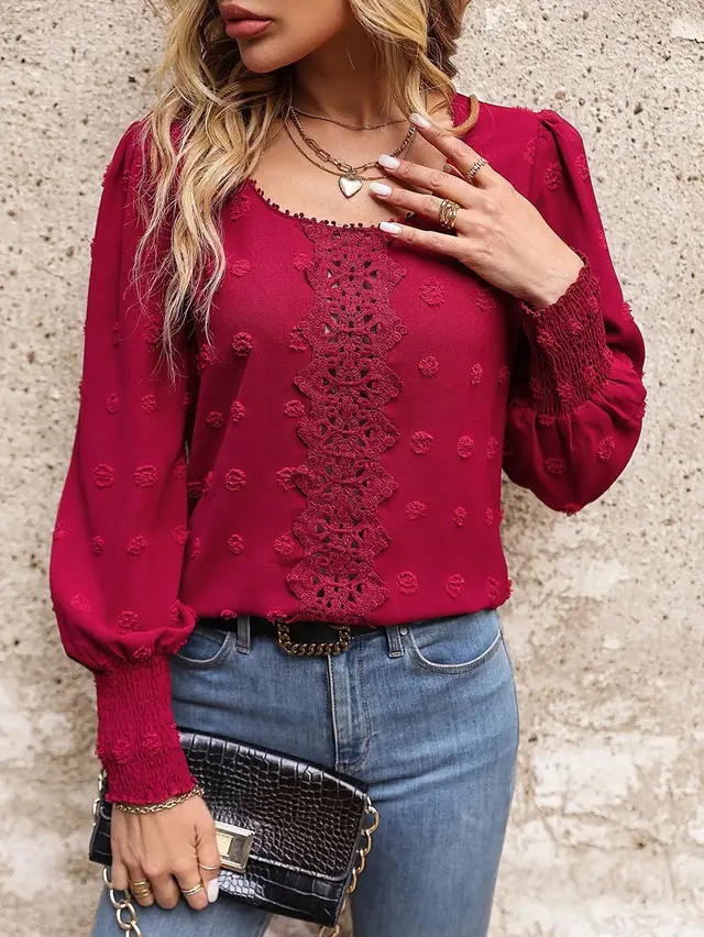 Large Polka Dot Lace Patchwork Style Shirt Red - Shop at LoveMi