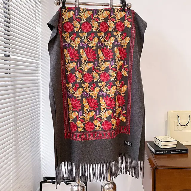 Autumn And Winter Plant Flowers Embroidered Retro Artistic Ethnic Style Cashmere like Gray - Shop at LoveMi