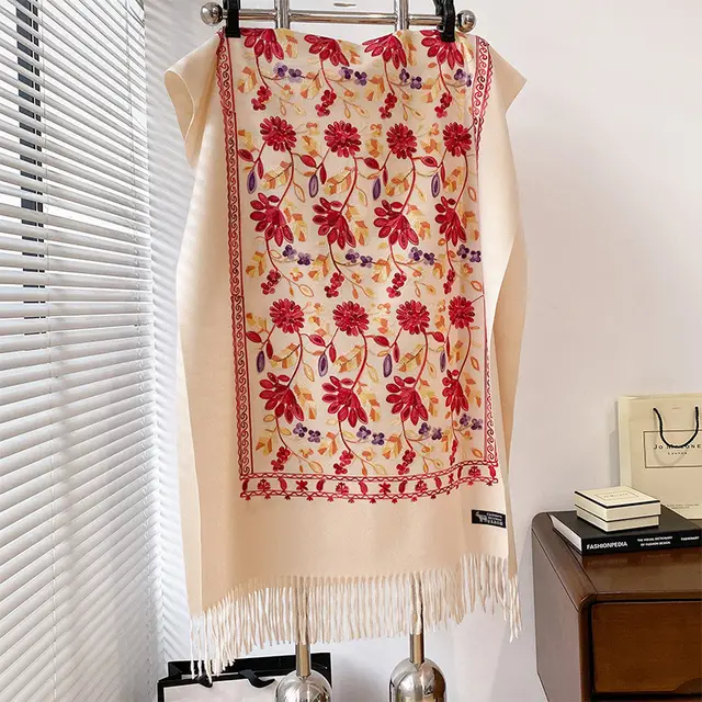 Autumn And Winter Plant Flowers Embroidered Retro Artistic Ethnic Style Cashmere like White - Shop at LoveMi