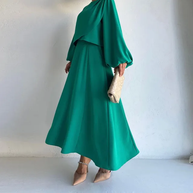 Fashion Puff Sleeve Top Big Hem Skirt Suit Green - Shop at LoveMi