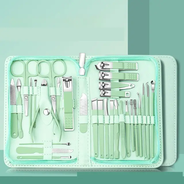 Full Set Of Nail Clippers Suit 30 piece Stainless Steel Nail Scissors Nail Clippers Cuticle Nipper Fingernail Maintenance Kit Suit Fresh Green - Shop at LoveMi