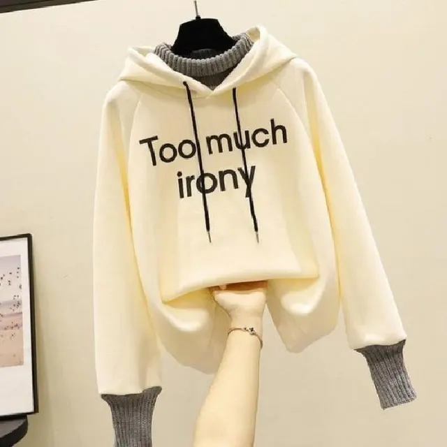 Fake Two piece Fashion Tops Fleece lined Thickening Print Letter Hooded Sweater Apricot - Shop at LoveMi
