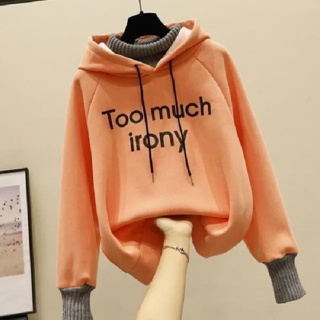 Fake Two piece Fashion Tops Fleece lined Thickening Print Letter Hooded Sweater Orange - Shop at LoveMi