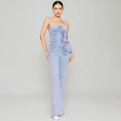 Elegant Commuter Tube Top Three dimensional Flower High Waist Jumpsuit Blue - Shop at LoveMi