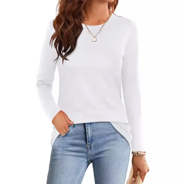 Solid Color Casual Round Neck Long Sleeve T shirt White - Shop at LoveMi