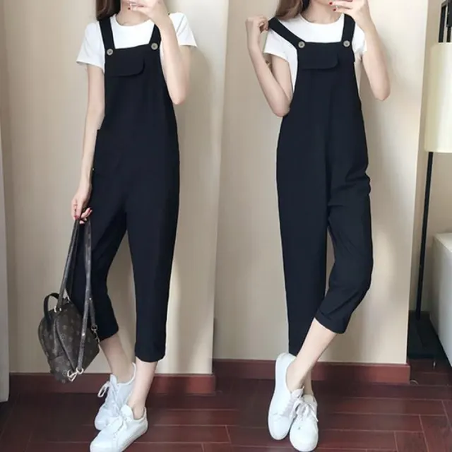 Single Suit Summer Suspender Pants Plus sized Plus Size Women's Cropped Suspender Two Pieces Suit Black Suit - Shop at LoveMi