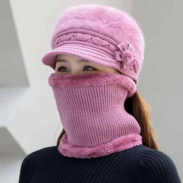 Suit Women's Winter Thickening Warm Hat Knitted Wool Hat Scarf Leather Purple - Shop at LoveMi