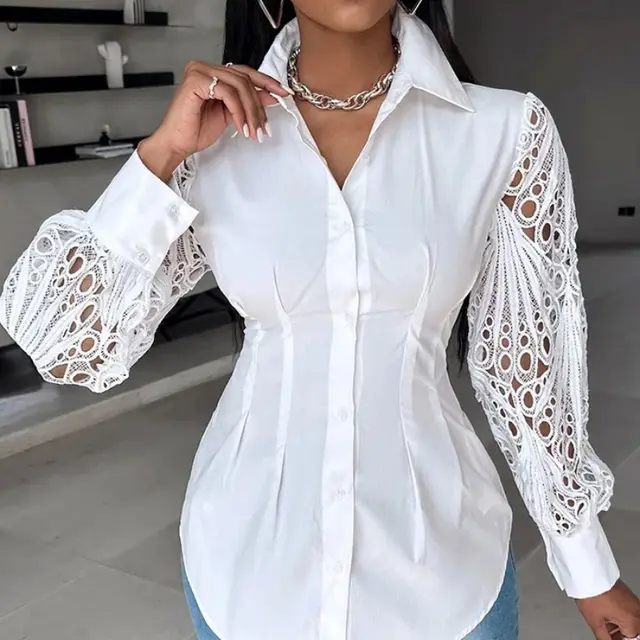 New Women's Lace Stitching Long sleeved Shirt White - Shop at LoveMi