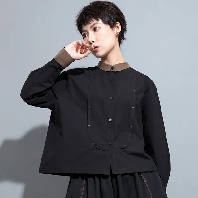 Cool Contrast Color Stitching Long sleeved Shirt Women Black - Shop at LoveMi
